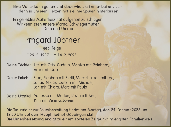 Traueranzeige von Irmgard Jüptner von NWZ Neue Württembergische Zeitung