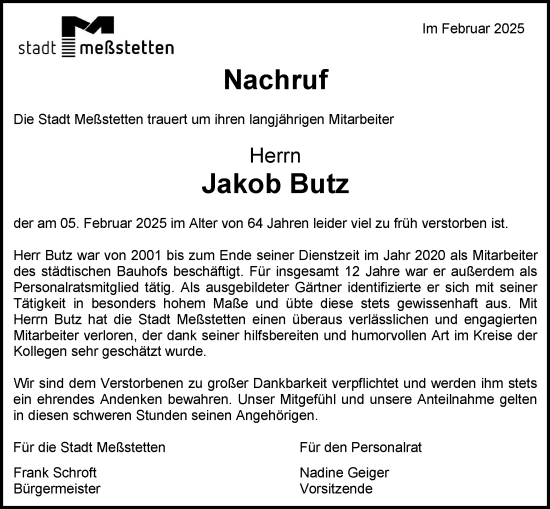 Traueranzeige von Jakob Butz von SÜDWEST PRESSE Zollernalbkreis/Hohenzollerische Zeitung