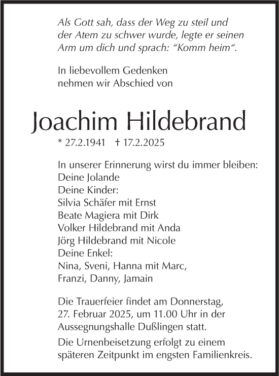 Traueranzeige von Joachim Hildebrand von Schwäbische Tagblatt