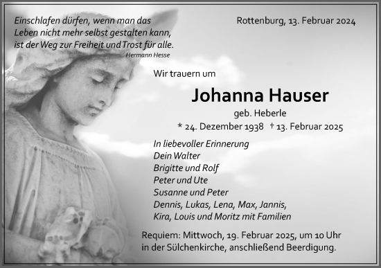 Traueranzeige von Johanna Hauser von Schwäbische Tagblatt