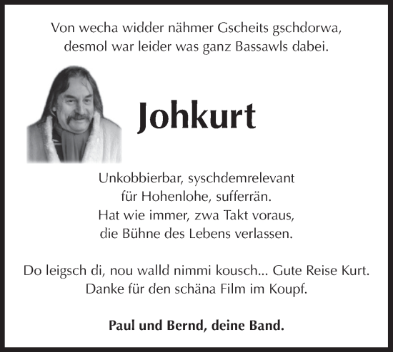 Traueranzeige von Johkurt  von Hohenloher Tagblatt