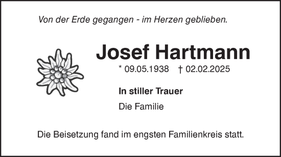 Traueranzeige von Josef Hartmann von SÜDWEST PRESSE Ausgabe Ulm/Neu-Ulm