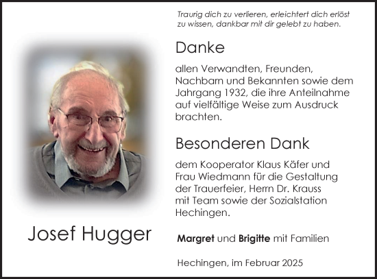 Traueranzeige von Josef Hugger von SÜDWEST PRESSE Zollernalbkreis/Hohenzollerische Zeitung