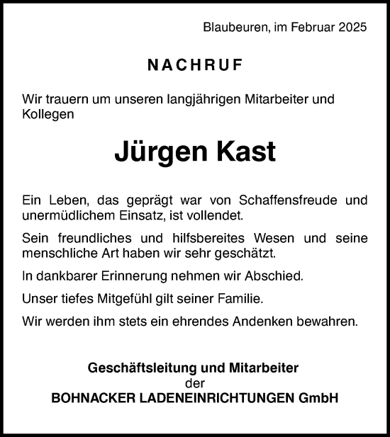 Traueranzeige von Jürgen Kast von Ehinger Tagblatt