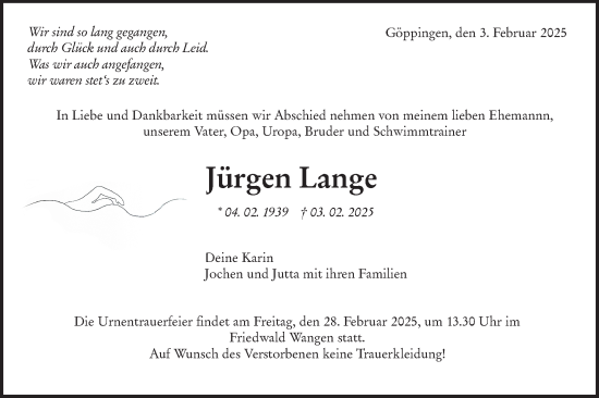 Traueranzeige von Jürgen Lange von NWZ Neue Württembergische Zeitung