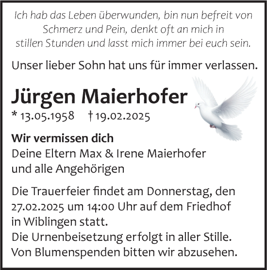 Traueranzeige von Jürgen Maierhofer von SÜDWEST PRESSE Ausgabe Ulm/Neu-Ulm