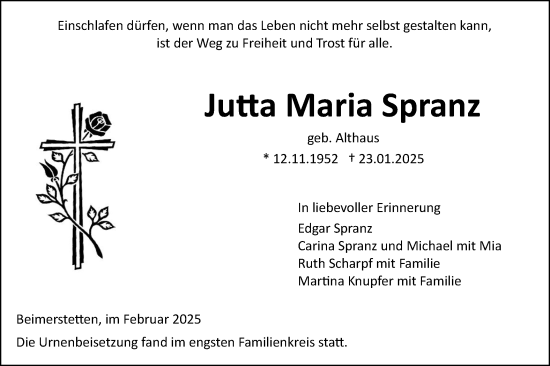 Traueranzeige von Jutta Maria Spranz von SÜDWEST PRESSE Ausgabe Ulm/Neu-Ulm
