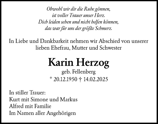 Traueranzeige von Karin Herzog von SÜDWEST PRESSE Ausgabe Ulm/Neu-Ulm