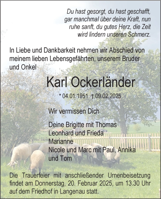 Traueranzeige von Karl Ockerländer von SÜDWEST PRESSE Ausgabe Ulm/Neu-Ulm