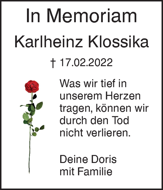 Traueranzeige von Karlheinz Klossika von SÜDWEST PRESSE Ausgabe Ulm/Neu-Ulm