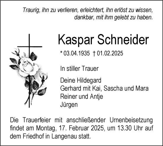 Traueranzeige von Kaspar Schneider von SÜDWEST PRESSE Ausgabe Ulm/Neu-Ulm