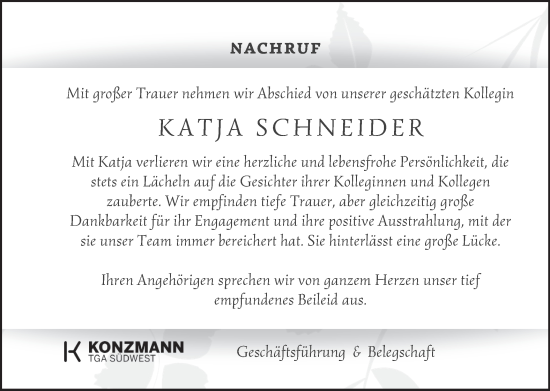 Traueranzeige von Katja Schneider von SÜDWEST PRESSE Zollernalbkreis/Hohenzollerische Zeitung
