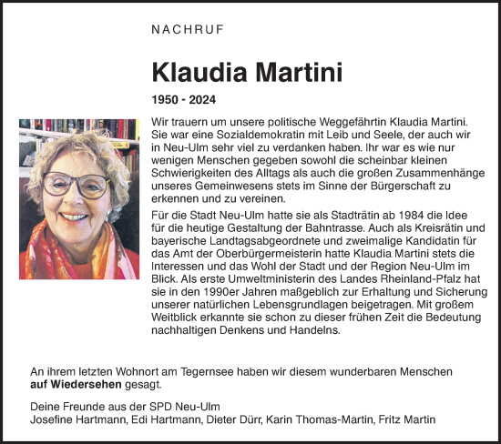 Traueranzeige von Klaudia Martini von SÜDWEST PRESSE Ausgabe Ulm/Neu-Ulm/Neu-Ulmer Zeitung