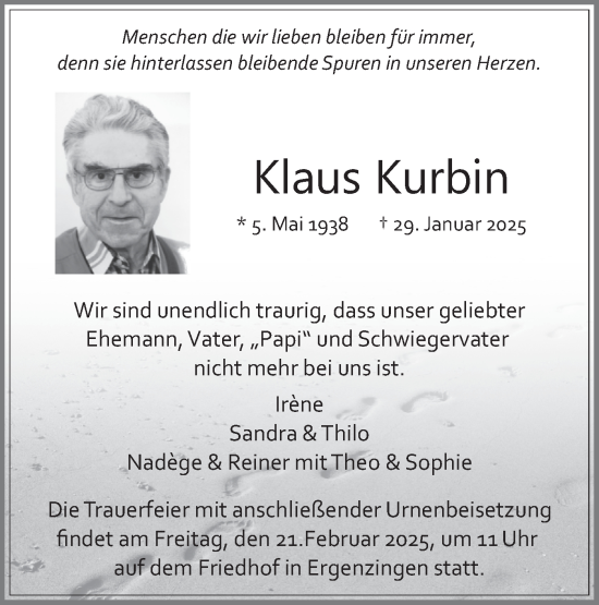 Traueranzeige von Klaus Kurbin von Schwäbische Tagblatt