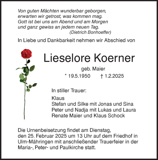Traueranzeige von Lieselore Koerner von SÜDWEST PRESSE Ausgabe Ulm/Neu-Ulm