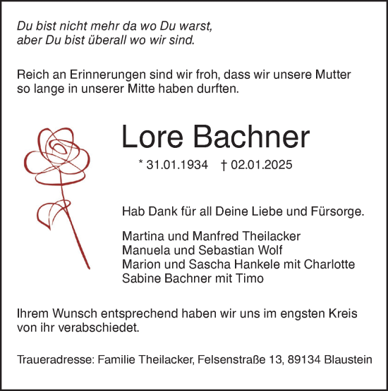 Traueranzeige von Lore Bachner von SÜDWEST PRESSE Ausgabe Ulm/Neu-Ulm