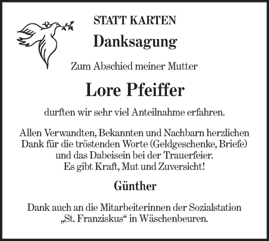 Traueranzeige von Lore Pfeiffer von NWZ Neue Württembergische Zeitung