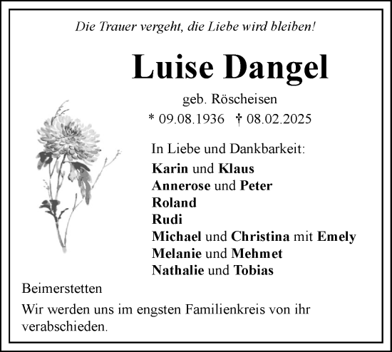 Traueranzeige von Luise Dangel von SÜDWEST PRESSE Ausgabe Ulm/Neu-Ulm
