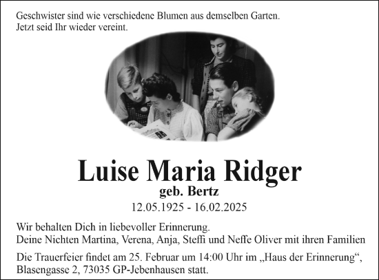 Traueranzeige von Luise Maria Ridger von NWZ Neue Württembergische Zeitung