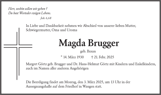 Traueranzeige von Magda Brugger von NWZ Neue Württembergische Zeitung