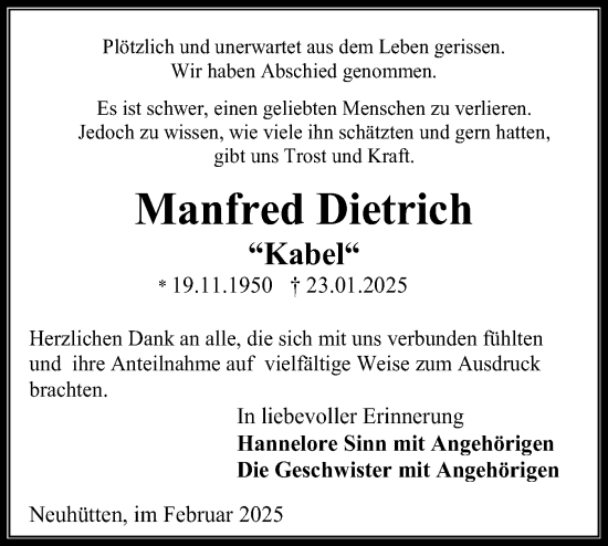 Traueranzeige von Manfred Dietrich von Haller Tagblatt