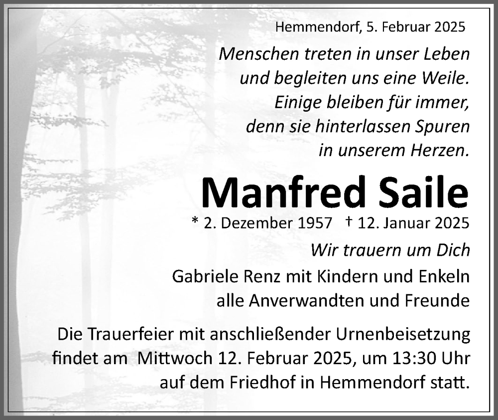  Traueranzeige für Manfred Saile vom 05.02.2025 aus Schwäbische Tagblatt