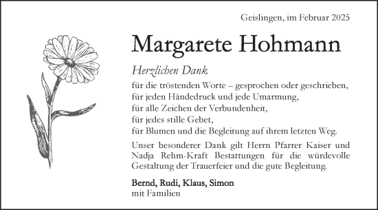 Traueranzeige von Margarete Hohmann von Geislinger Zeitung