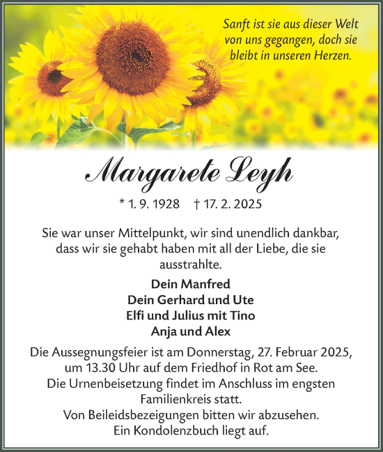 Traueranzeige von Margarete Leyh von Hohenloher Tagblatt