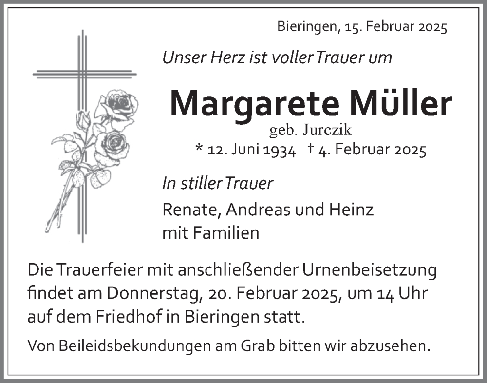 Traueranzeige für Margarete Müller vom 15.02.2025 aus Schwäbische Tagblatt