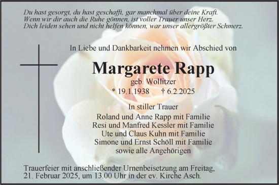 Traueranzeige von Margarete Rapp von SÜDWEST PRESSE Ausgabe Ulm/Neu-Ulm