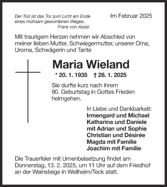 Traueranzeige von Maria Wieland von SÜDWEST PRESSE Ausgabe Ulm/Neu-Ulm