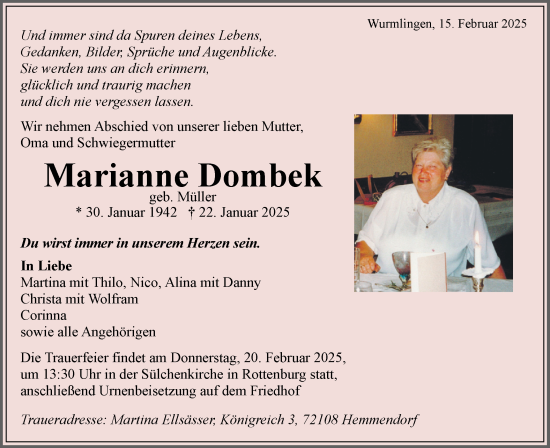 Traueranzeige von Marianne Dombek von Schwäbische Tagblatt