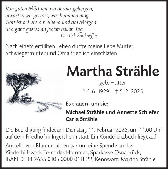 Traueranzeige von Martha Strähle von Hohenloher Tagblatt