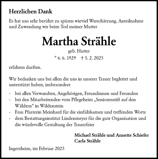 Traueranzeige von Martha Strähle von Hohenloher Tagblatt