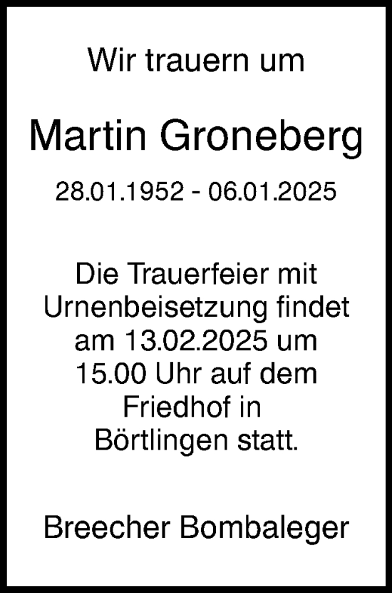 Traueranzeige von Martin Groneberg von NWZ Neue Württembergische Zeitung