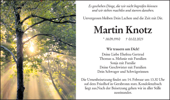 Traueranzeige von Martin Knotz von Hohenloher Tagblatt