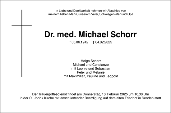 Traueranzeige von Michael Schorr von SÜDWEST PRESSE Ausgabe Ulm/Neu-Ulm/Neu-Ulmer Zeitung