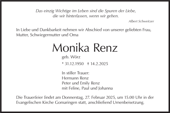 Traueranzeige von Monika Renz von Schwäbische Tagblatt