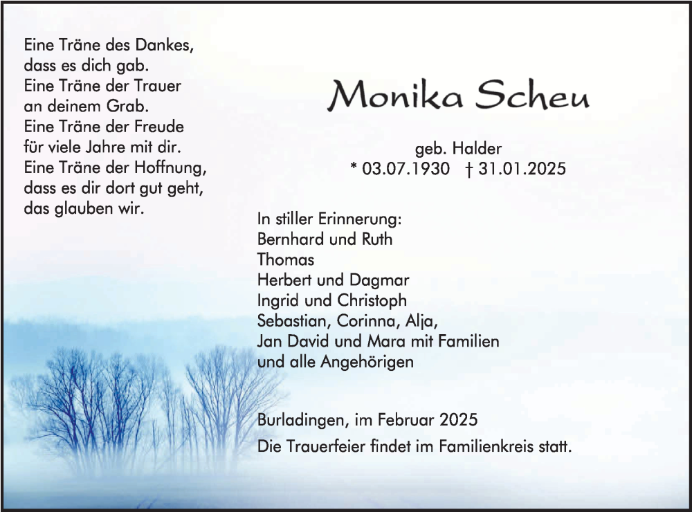  Traueranzeige für Monika Scheu vom 04.02.2025 aus SÜDWEST PRESSE Zollernalbkreis/Hohenzollerische Zeitung