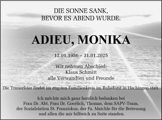 Traueranzeige von Monika Schmitt von SÜDWEST PRESSE Zollernalbkreis/Hohenzollerische Zeitung
