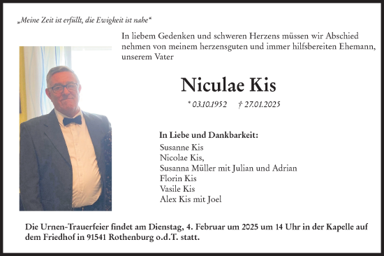 Traueranzeige von Niculae Kis von Hohenloher Tagblatt