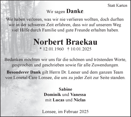 Traueranzeige von Norbert Braekau von SÜDWEST PRESSE Ausgabe Ulm/Neu-Ulm