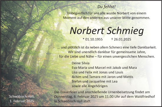 Traueranzeige von Norbert Schmieg von Haller Tagblatt