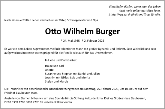 Traueranzeige von Otto Wilhelm Burger von SÜDWEST PRESSE Ausgabe Ulm/Neu-Ulm/Das Blaumännle