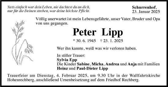 Traueranzeige von Peter Lipp von NWZ Neue Württembergische Zeitung