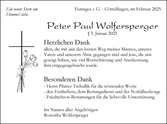 Traueranzeige von Peter Paul Wolfersperger von Neckar-Chronik