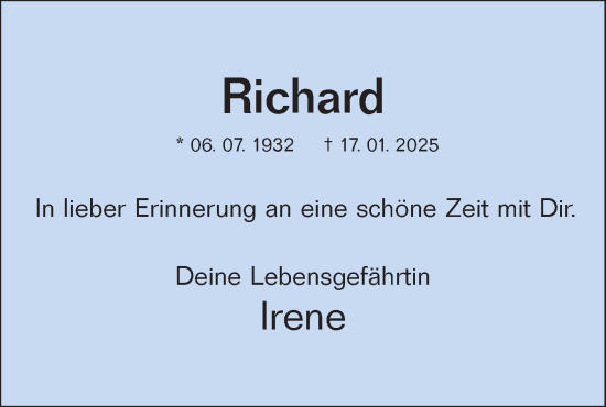 Traueranzeige von Richard  von SÜDWEST PRESSE Ausgabe Ulm/Neu-Ulm/Neu-Ulmer Zeitung