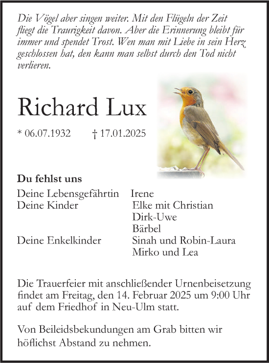 Traueranzeige von Richard Lux von SÜDWEST PRESSE Ausgabe Ulm/Neu-Ulm
