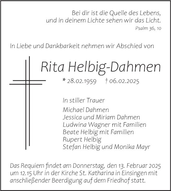 Traueranzeige von Rita Helbig-Dahmen von SÜDWEST PRESSE Ausgabe Ulm/Neu-Ulm