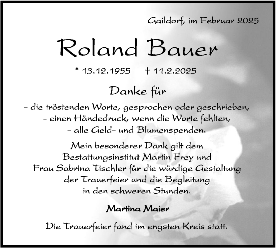 Traueranzeige von Roland Bauer von Rundschau Gaildorf